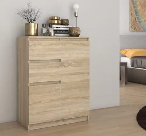CDF Kommode Eiche Sonoma 2 Türen 2 Schubladen Komode & Sideboards Schmal Schubladenkommode Sideboard 97 cm Hoch Wohnzimmer Komodenschrank 40x70x97 für Schlafzimmer Arbeitszimmer Flur Schubladenschrank