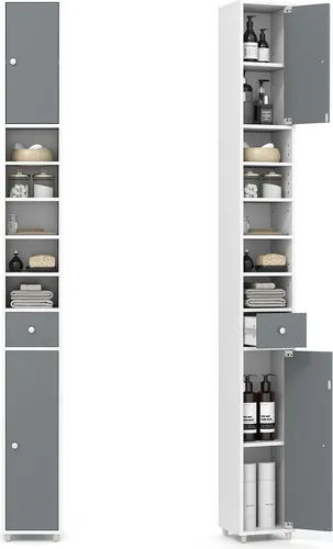 GOPLUS Badezimmerschrank schmal, Hochschrank mit Schublade, Türen & Ablagen, Aufbewahrungsschrank für Küche & Wohnzimmer, 20 x 20 x 180cm (Grau)