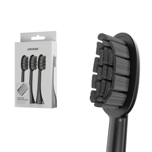 Zahnheld Aufsteckbürsten Ersatzbürsten Basic Soft - ideal für Schallzahnbürste Gero, im 3er, 6er oder 9er Set, Zahnpflege Set, sensibles Zahnfleisch & Zähne, plastikfrei verpackt, 3 Stück, schwarz