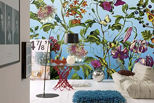 Fototapete Vlies XXL4-029 Jardin - 4-tlg. Blumenmotiv - Fototapete in Blau, Grün und Lila, ideal für Flur, Küche, Schlafzimmer und Wohnzimmer, aus hochwertigem Vlies für einfache Anbringung und lebendige Farben.