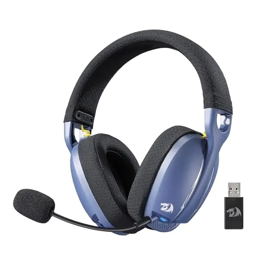 Redragon H878 3-Modus Kabelloses Gaming-Headset mit Blauer Beleuchtung – Leichtgewichtig – 7.1 Surround Sound – 40-mm-Treiber – Abnehmbares Mikrofon – für PC, Switch, Mobilgerät, Schwarz & Blau
