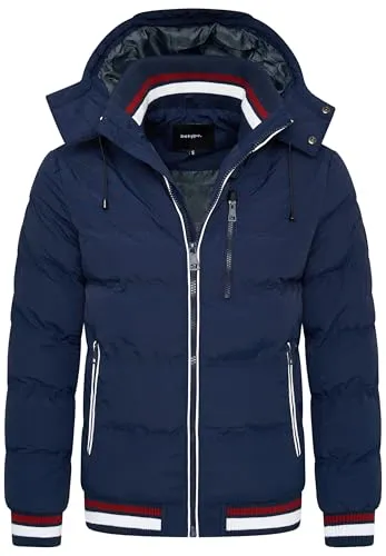 behype. Herren warme Winterjacke mit abnehmbarer Kapuze Kurze Steppjacke Outdoorjacke Jacket Puffer-Jacke OR_1214-Navy-Red-S