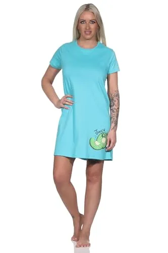 Normann Damen Kurzarm Nachthemd Sleepshirt mit Kiwi als Motiv, Farbe:türkis, Größe:44-46