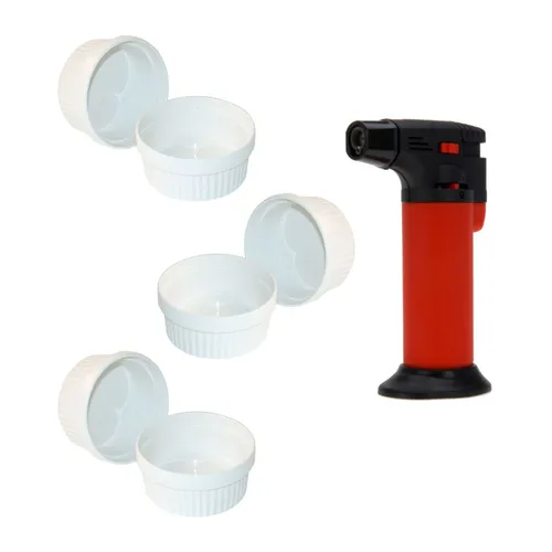 Creme Brulee Förmchen 6er-Set Ø 11x5 cm Auflaufform 260 ml Weiß + Flambierer