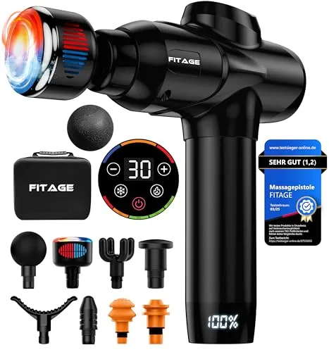 FITAGE Massagepistole mit Wärmefunktion und Kältefunktion, Leises Massagegerät mit 20 einstellbaren stufen, Massage Gun, 8 Aufsätze für Tiefengewebe, Schulter, Rücken, Ganzkörper Massage-Pistole