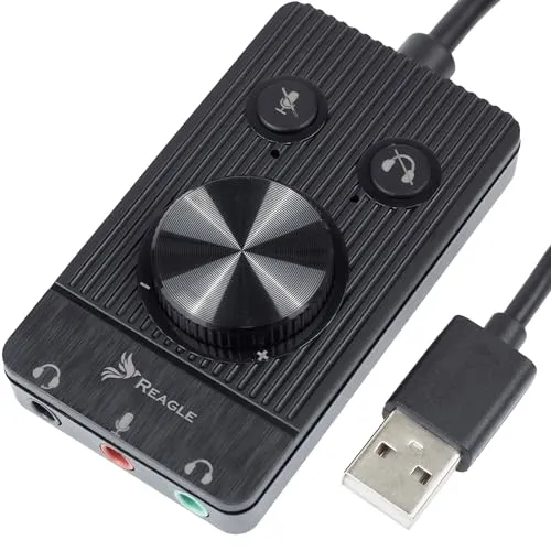 Reagle Externe USB Soundkarte - 48kHz/16-Bit Audio, 3.5mm Klinkenanschlüsse, Plug & Play, Lautstärkeregler, Mikrofon- und Kopfhörer-Stummschaltung, Kompatibel mit Windows, Mac OS, Linux