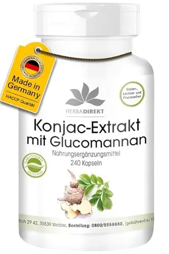 Konjakwurzel Kapseln - 4000mg Glucomannan pro Tagesdosis - 240 Kapseln - 95% Glucomannan - vegan | HERBADIREKT by Warnke Vitalstoffe - Deutsche Apothekenqualität
