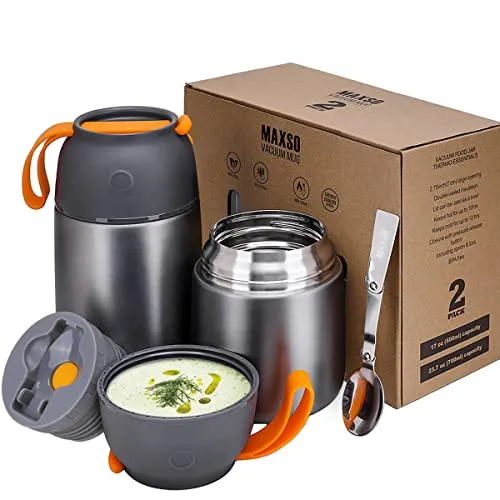 LOGEEYAR Thermobehälter für Essen 500ml & 700ml Edelstahl Warmhaltebebehälter mit faltbaren Löffel, Speißen,Suppe, Brei, Joghurt, Kinder Thermo Speisgefäß Unterwegs, 2 Isolierbehälter im Set, Grau