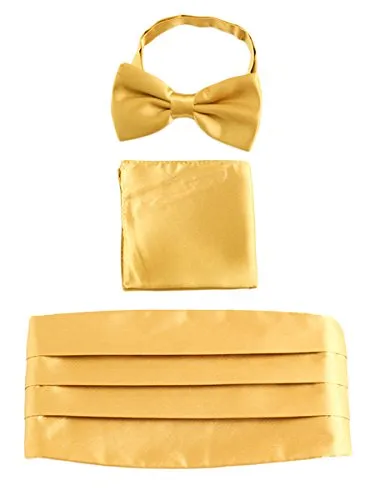 Herren Satin Kummerbund Fliege Einstecktuch 3 in 1 Set für Hochzeit Party Ball Banquet Smoking Gentleman - Einfarbig Gold
