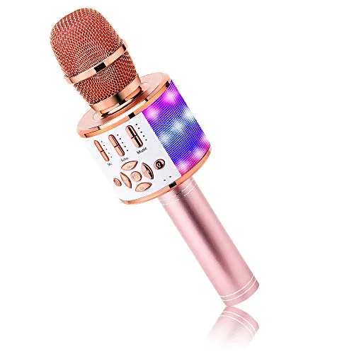 BONAOK 4 in 1 Tragbares Karaoke Mikrofon Lautsprecher (Roségold) - Karaokemaschinen mit LED-Lichtern für unvergessliche Partys, einfach über Bluetooth verbinden und überall singen!
