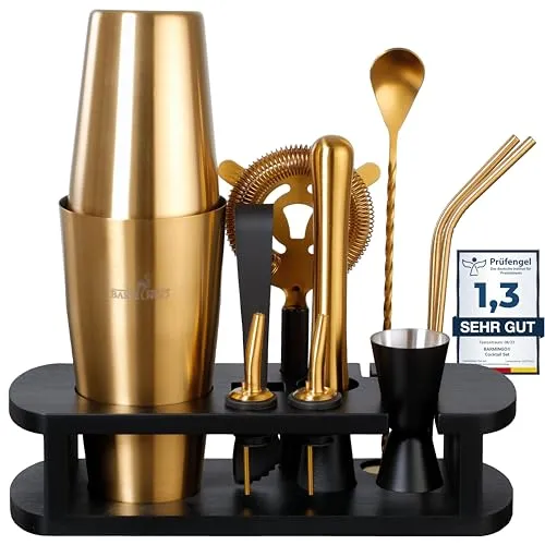 BARMINGO Cocktail-Set Edelstahl Boston Cocktail Shaker Set (825 ml) - Cocktail Sets - 11-teiliges Set mit hochwertigem Bambusständer für stilvolles Mixen wie ein Profi, ideal für Einsteiger und erfahrene Barkeeper.