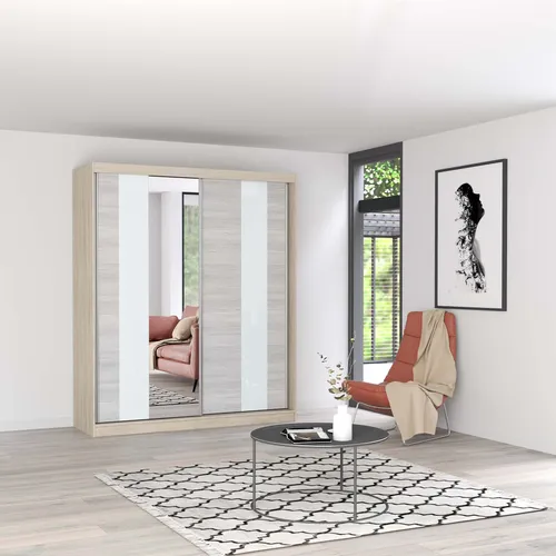 Eleganter Schwebetürenschrank Multi 32 mit Spiegel und Lacobel-Glaseinsatz - Schwebetürenschrank in Sonoma Eiche, 183 cm breit, mit großer Spiegelfläche und modernen Lacobel-Glaseinsätzen für stilvolle Ordnung im Schlafzimmer.
