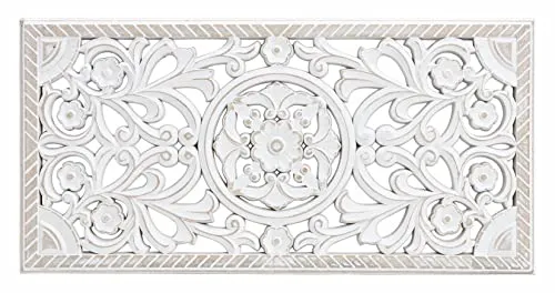 Spetebo Wand Deko Ornament shabby weiß zum Aufhängen - 61 x 30 cm/rechteckig - Vintage Wandbild aus Holz - Landhaus Fensterdeko Wandbehang