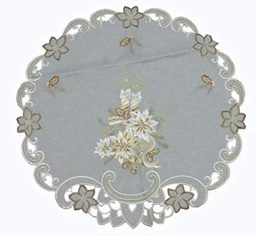 Westernlifestyle Tischläufer Tischdecke Mitteldecke Weihnachtsdecke gestickt mit Kerzen und Weihnachtsglocken Leinen-Optik beige Gold braun (60 rund)