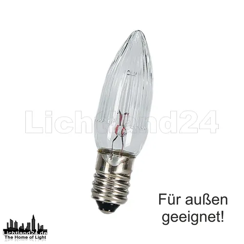 E10 55V 3W Spitzkerze für Schwibbogen und Lichterkette - Hochwertige geriffelte Spitzkerze mit warmweißem Licht, ideal für saisonale Beleuchtung im Innen- und Außenbereich. Mit CE-Kennzeichnung und 360 Grad Abstrahlwinkel.
