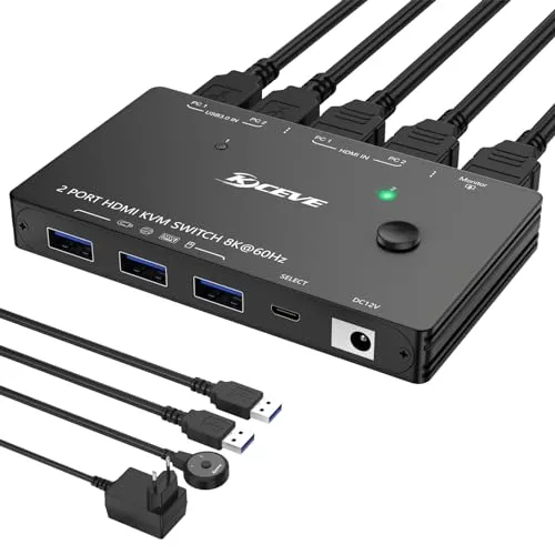 ESKEVE HDMI 2.1 KVM Switch 2 PC 1 Monitore 8K@60Hz 4K@120Hz Zur gemeinsamen Nutzung eines Monitore und 3 USB-3.0-Anschlüsse mit 2 USB-3.0-Kabel-Netzadaptern und Kabelsteuerung