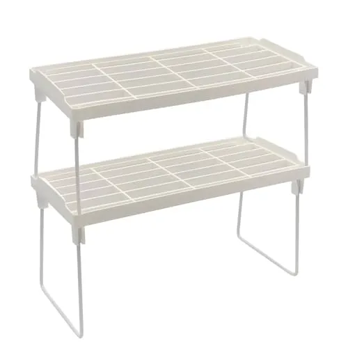 moorg Platzsparende Küchenablagen, Set mit 2 Regalen, Organizer für Küche, Speisekammer, stapelbares Küchenregal aus Kunststoff mit Metallfüßen, 30 x 14 x 16 cm, Weiß