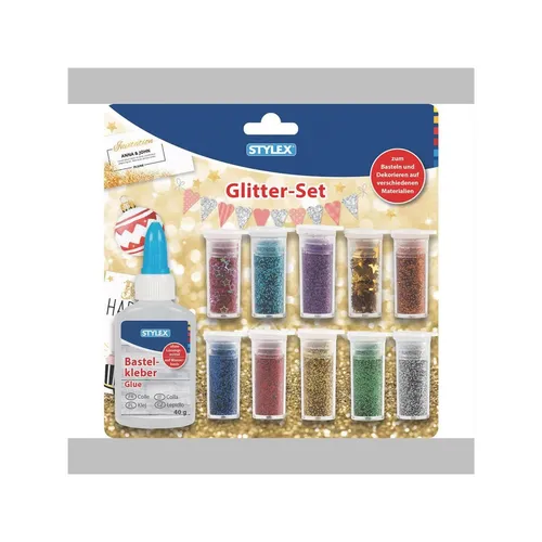 Stylex Kreativset Glitter-Set - 11-teilig - Bastelset mit 1 Bastelkleber, 5 Döschen Streudeko und 5 Döschen Glitterpulver in verschiedenen Farben. Ideal zum kreativen Gestalten und Verzieren. Perfekt für kleine Bastelkünstler ab 3 Jahren!