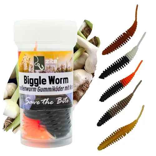 Zite Fishing Biggle Worm Gummiköder | 8 Stück Lamellen-Gummiwurm für Ultra Light Forellen Angeln | Made in Germany | 100% Phthalatfrei (Natur, Knoblauch)