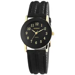 Akzent 1900273-001 Damenuhr mit Kunstlederarmband schwarz - Elegante Damenuhr mit hochwertigem Quarzwerk und 3 ATM Wasserdichtigkeit. Das 18 mm breite Kunstlederarmband sorgt für hohen Tragekomfort und Stil.