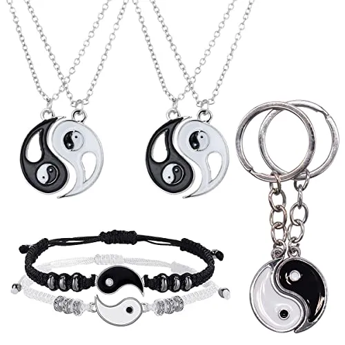 Yin Yang Halskette Armband Set Tai Chi Anhänger Kette Paar Passende Armbänder Verstellbare Kordel Puzzle Anhänger Halskette Ketten Geschenk für Freundschaft Freund Freundin Valentine Souvenir