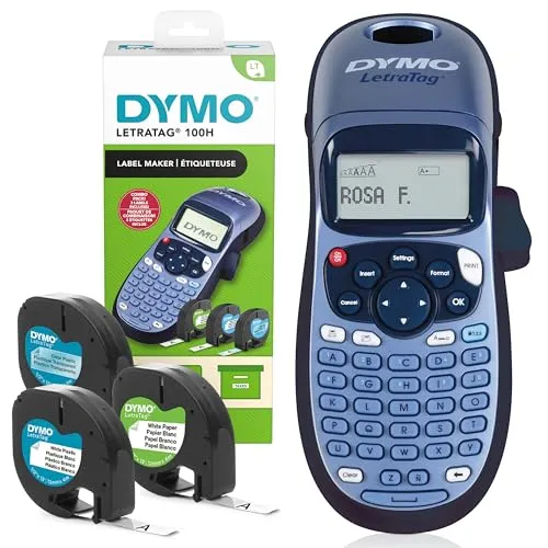 DYMO LetraTag LT-100H Beschriftungsgerät - Tragbarer Etikettendrucker mit ABC Tastatur, ideal für Büro & Zuhause. Inklusive 3 Rollen ablösbarer Etiketten für vielseitige Beschriftungsoptionen.