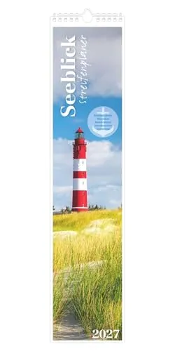 Streifenplaner Seeblick 2027: schmaler Wandkalender 11,3x49,5 cm mit Schulferien, Notizfeld und stimmungsvollen Strand- & Küstenmotiven, ideal für Haushalt, Familie & Büro