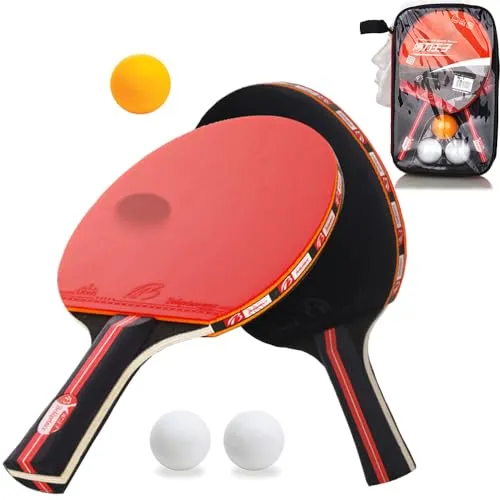 Tischtennisschläger, Amaza Professionel Tischtennis Set, 2 Tischtennisschläger + 3 Tischtennis Bälle für Amateure, Anfänger, Experten (7 Schichten Pappelholz + Hochelastischer Schwamm von 2 mm)