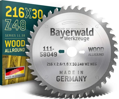 Bayerwald HM Kreissägeblatt 216 x 2.6/1.6 x 30 Z48 WZ negativ - Sägeblätter für präzise und ausrissfreie Kappschnitte in empfindlichen Materialien – ideal für Möbel- und Innenausbau.