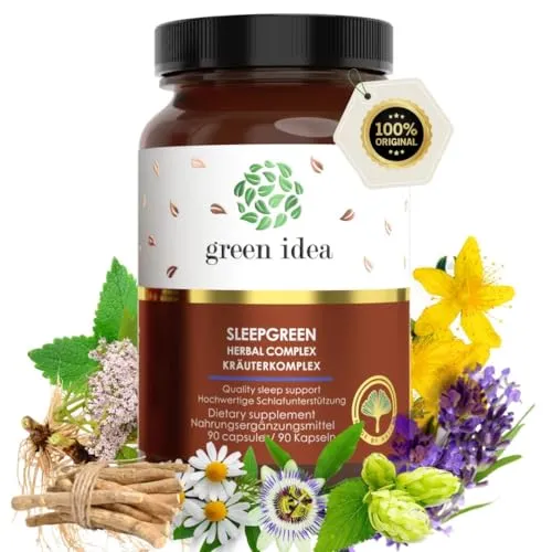 Green idea Sleepgreen Baldrian-Komplex mit L-Tryptophan, 90 Kapseln | 10 Pflanzenextrakte mit Hopfen, Melisse und Passionsblume. B-Vitamine. Vegan. Ohne zugesetztes Melatonin.