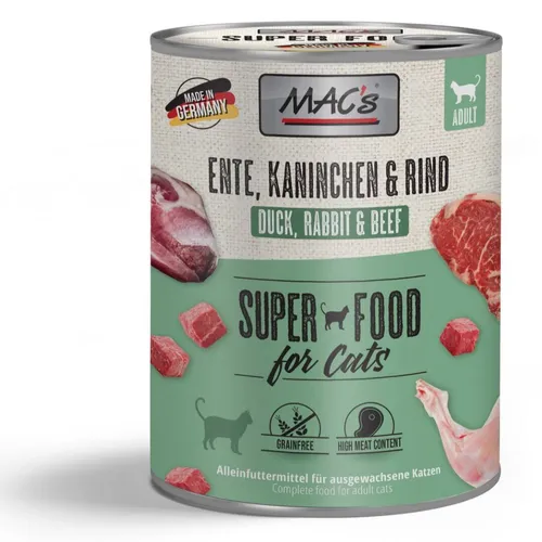 MACs Nassfutter Ente, Kaninchen, Rind 800 g - 6 Stück für Katzen - Getreidefreies und glutenfreies Nassfutter mit hochwertigem Fleisch für erwachsene Katzen. Ideal für eine ausgewogene Ernährung und mit geprüfter Qualität.