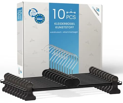 RSR Hangers Hosenbügel Hosenspanner 10 Stück Kleiderbügel Kunststoff 28 cm | rutschfeste gummierte und verstellbare Klammern | 360° drehbarer Haken | platzsparend