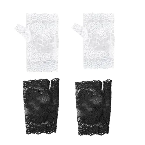 LiJuanWang Fingerlose Handschuhe,2 Paar Damen Fingerlose Spitzen Handschuhe,Braut Spitzen Handschuhe,kurze fingerlose Spitzenhandschuhe für Hochzeitsfeier Halloween Oper Dinner Tea Party Beerdigung