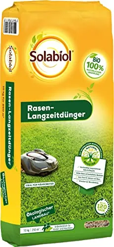 Solabiol Rasen-Langzeitdünger, natürlicher Bio Rasendünger mit 120 Tage Langzeitwirkung und natürlichem Wurzelstimulator, 10 kg Sack für 250m²