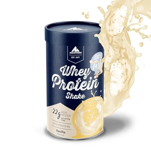 Multipower Whey Protein Shake – wasserlösliches Proteinpulver mit Vanille Geschmack aus Wheykonzentrat und -Isolat – 21 g Protein und Vitamin B6 in nachhaltiger Pappwickeldose – 420 g