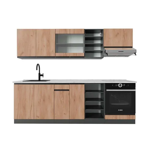 Vicco Küchenzeile R-Line, Goldkraft Eiche/Anthrazit, 240 cm - Moderne Küchenzeile in Goldkraft Eiche mit eleganter Marmor-Arbeitsplatte, ideal für stilvolle Küchen. Inklusive Montagematerial und Anleitung, perfekt für DIY-Projekte.