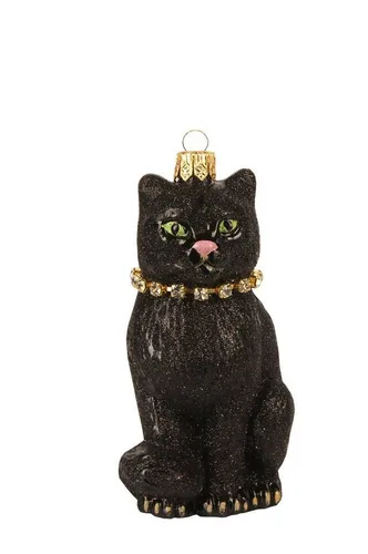 IMPULS Christbaumschmuck, Christbaumschmuck Glas Katze mit Strass Halsband 9cm schwarz