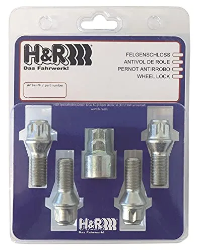 H&R Felgenschloss-Set M12x1.50x28mm Kegelbund - 4 Felgenschloss-Schrauben inkl. Adapter, Silber