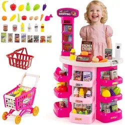 COSTWAY 76-teiliges Supermarkt mit Einkaufswagen, Waage, Licht, Sound, Spiel-Lebensmittel & Zubehör, Kaufladen, Kaufmannsladen für Kinder 3 + Rosa