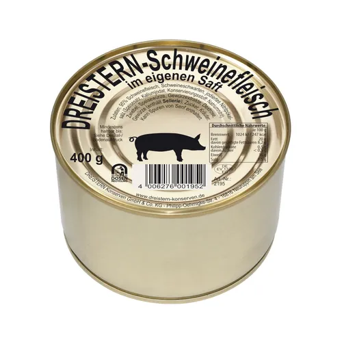 DREISTERN Schweinefleisch im eigenen Saft 400g I Mit Schweineschwarte I Herzhafte Spezialität in recyclebarer Goldlackdose I Lange Haltbarkeit dank natürlicher Konservierung I Hausmacher Qualität