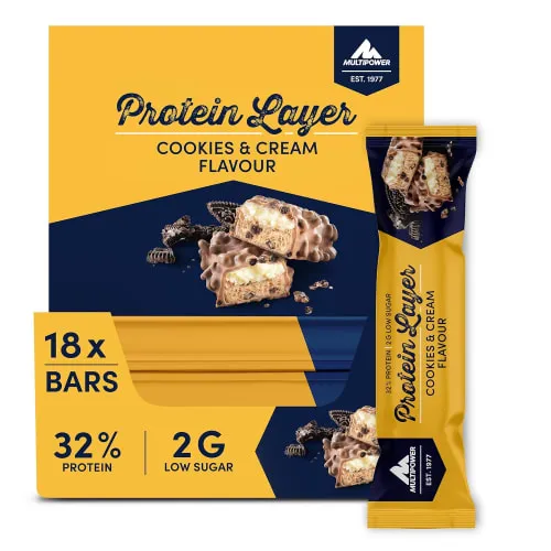 Multipower Protein Layer Bar Cookies & Cream, 18 x 50 g - Proteinriegel für Muskelaufbau, köstlicher Cookies & Cream Geschmack, ideal für Fitnessliebhaber und als Snack für unterwegs.