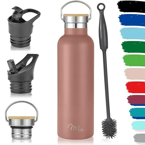 Milu Edelstahl Trinkflasche 350ml 500ml 750ml 1000ml (+3 Deckel) Thermosflasche mit Strohhalm, Isolierte Wasserflasche, Auslaufsichere Isolierflasche doppelwandig (Rose Gold, 750ml)