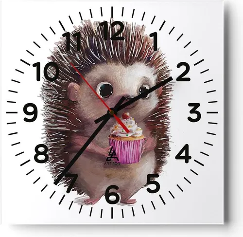 Wanduhr - Quadrat - Glasuhr - Igel Cupcake Kinder - 30x30cm - Schleichendes Uhrwerk - Lautlos - zum Aufhängen bereit - Dekoration Modern - Wanddekoration aus Glas - C4AC30x30-4769