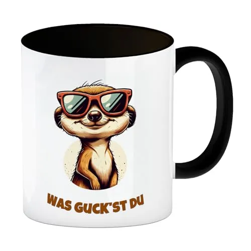 speecheese Erdmännchen Geschenke Kaffeebecher in schwarz mit Spruch Was guckst du Meerkat Vibe Cool Erdmännchen mit Sonnenbrille Sonne Stil