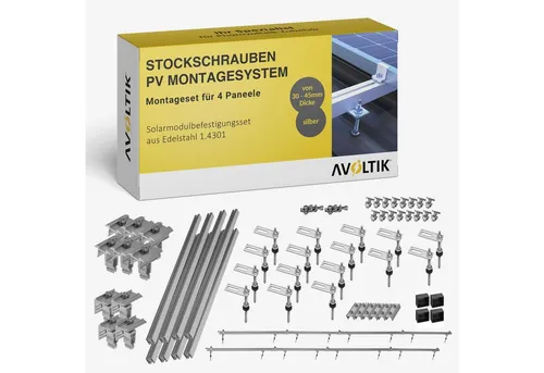 avoltik Solarmodul-Halterung PV Halterung Blechdach Montageset für 2-4 Module, (Blechdach Halterung 200 mm Stockschraube)
