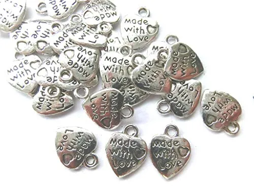 beadsvision 50 Charms Herz Made with Love Anhänger Farbe antiksilber 12x10mm Schmuckzubehör Metall #S097