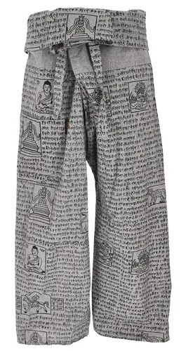 Thai Fischerhose mit Mantra Druck aus gewebter Baumwolle, Wickelhose, Yogahose