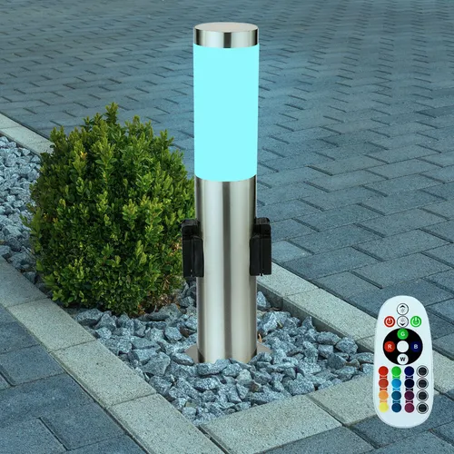 Edelstahl Stehleuchte für Außenbereich mit RGB LED und Fernbedienung - Elegante Außenlampe aus Edelstahl mit IP44, zwei Steckdosen und stimmungsvollem RGB Licht. Ideal für Gartenwege oder Terrassen, energiesparend und umweltfreundlich.