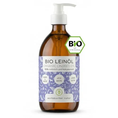 Bio Leinöl für Hunde & Katzen 500ml I Natürlich und Kaltgepresst - Vegane Lachsöl Alternative aus Deutschland I Unterstützung für Fell & Haut durch Omega 3, DE-ÖKO-060