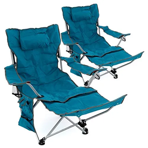 Luxus Campingliege 2er Set mit Fußstütze und Getränkehaltern - Bequeme gepolsterte Campingstühle mit verstellbaren Armlehnen, abnehmbarem Fußteil und 2 Getränkehaltern. Ideal für Camping, Picknick oder Garten – faltbar und leicht transportierbar.